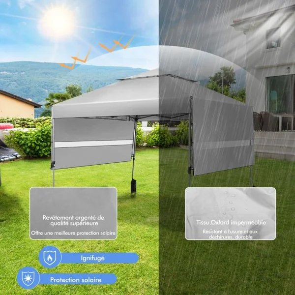 Tonnelle de Jardin Barnum Instantanée 3x3m avec Double Auvents 1,25x3cm Imperméable Sac à Roulettes Hauteurs Réglable Bleu/Blanc