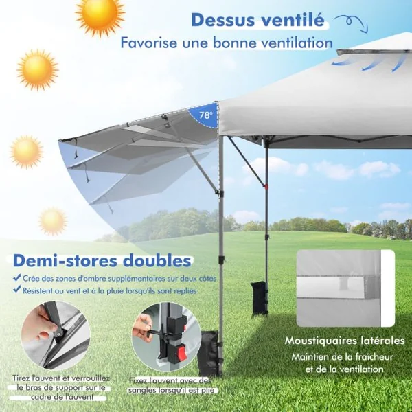 Tonnelle de Jardin Barnum Instantanée 3x3m avec Double Auvents 1,25x3cm Imperméable Sac à Roulettes Hauteurs Réglable Bleu/Blanc