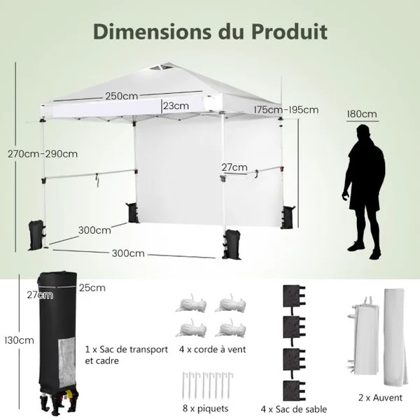 Tonnelle de Jardin Barnum Instantanée 3x3m avec Paroi Latérale Barres Transversales 3 Hauteurs Réglable Sac à Rous Blanc