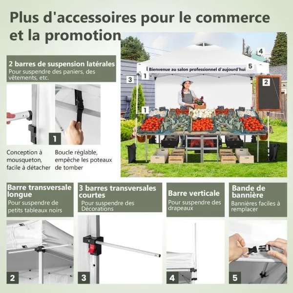 Tonnelle de Jardin Barnum Instantanée 3x3m avec Paroi Latérale Barres Transversales 3 Hauteurs Réglable Sac à Rous Blanc
