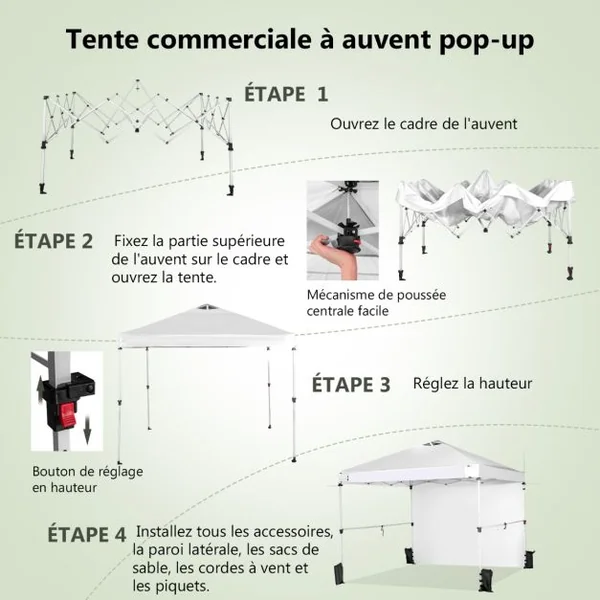 Tonnelle de Jardin Barnum Instantanée 3x3m avec Paroi Latérale Barres Transversales 3 Hauteurs Réglable Sac à Rous Blanc
