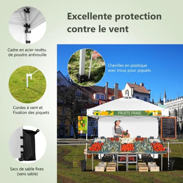 Tonnelle de Jardin Barnum Instantanée 3x3m avec Paroi Latérale Barres Transversales 3 Hauteurs Réglable Sac à Rous Blanc