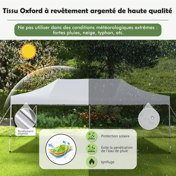 Tonnelle de Jardin Barnum Instantanée 3x6x3m Portable Imperméable SFP +50 avec Roues et Sac 3 Hauteurs Réglable 20 Personnes