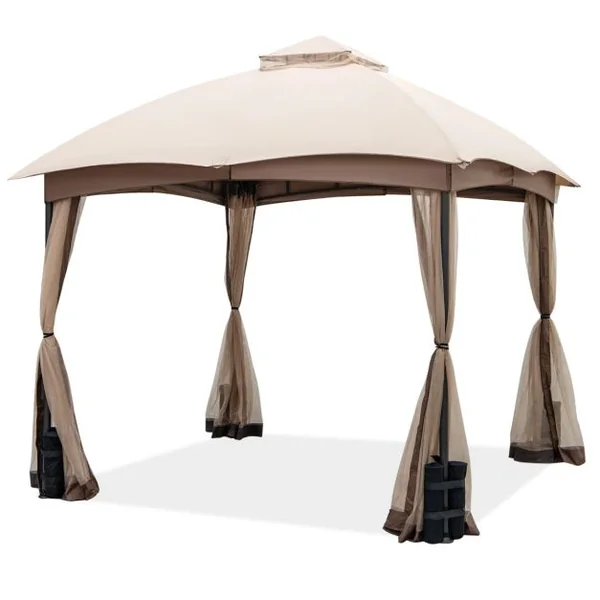 Tonnelle de Jardin Double Toit 296X296CM en Polyester Imperméabilisé Anti UV Tente Réception avec 4 Sacs de Sable 4 Moustiquaires Zippées pour Fête Camping BBQ Marron