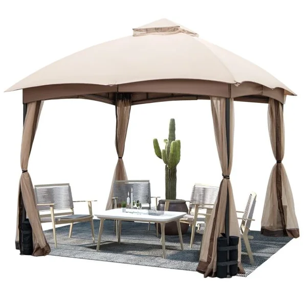Tonnelle de Jardin Double Toit 296X296CM en Polyester Imperméabilisé Anti UV Tente Réception avec 4 Sacs de Sable 4 Moustiquaires Zippées pour Fête Camping BBQ Marron