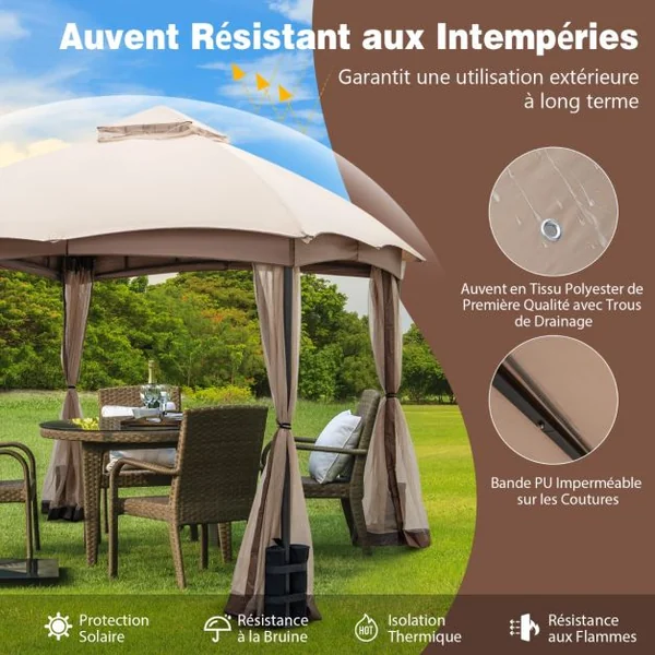 Tonnelle de Jardin Double Toit 296X296CM en Polyester Imperméabilisé Anti UV Tente Réception avec 4 Sacs de Sable 4 Moustiquaires Zippées pour Fête Camping BBQ Marron