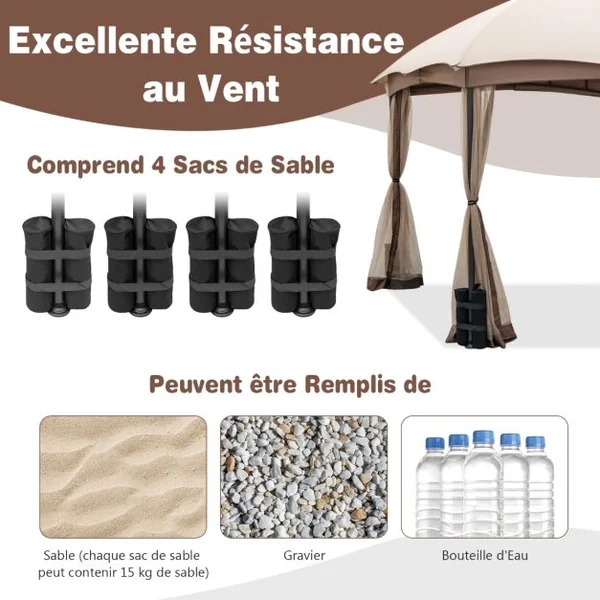 Tonnelle de Jardin Double Toit 296X296CM en Polyester Imperméabilisé Anti UV Tente Réception avec 4 Sacs de Sable 4 Moustiquaires Zippées pour Fête Camping BBQ Marron