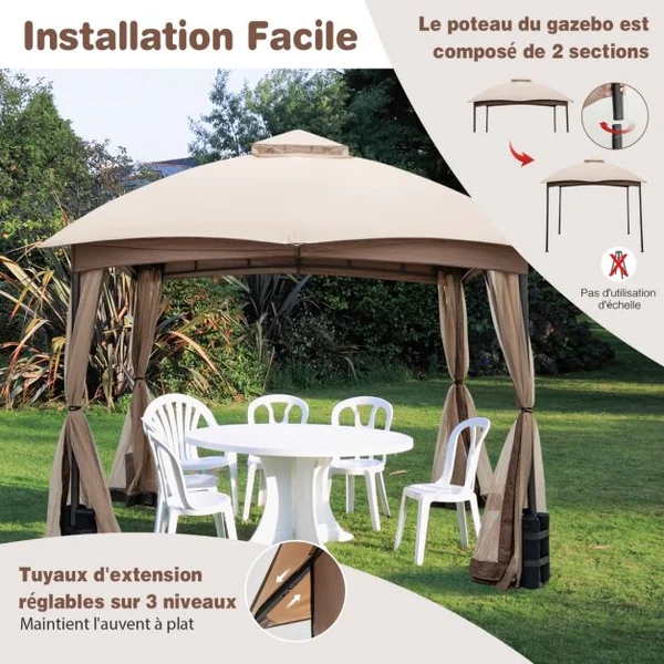 Tonnelle de Jardin Double Toit 296X296CM en Polyester Imperméabilisé Anti UV Tente Réception avec 4 Sacs de Sable 4 Moustiquaires Zippées pour Fête Camping BBQ Marron