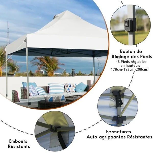 Tonnelle de Jardin Escamotable Pliable 3x3M Tente de Fête Imperméable Protection Solaire 3 Hauteurs 305/320/335cm pour Patio Blanc/Bleu/Gris
