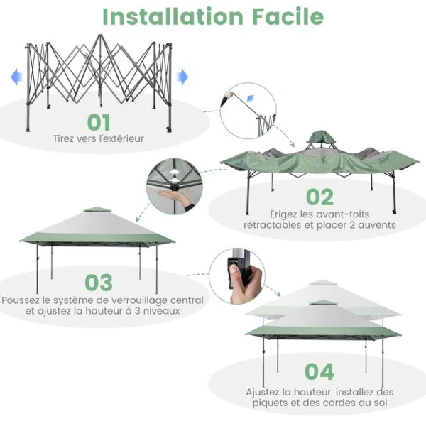 Tonnelle de Jardin Instantanée 4x4m Tente de Jardin Anti-UV Imperméable à 3 Hauteurs 245/275/305CM avec Sac à Roulettes Vert