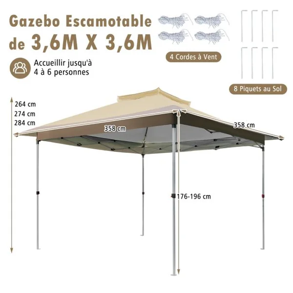 Tonnelle de Jardin Instantanée Double Toit 360X360CM Tente Réception avec Dessus Ventilé Sac de Transport à Roulettes Tonnelle à Ouverture Café
