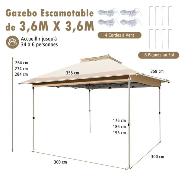 Tonnelle de Jardin Instantanée Double Toit 360X360CM Tente Réception avec Filet en Maille sur 4 Côtés Dessus Ventilé Sac de Transport Café