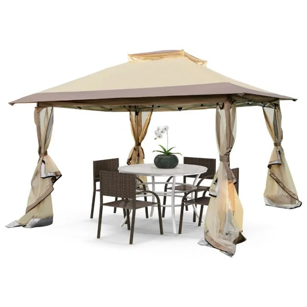 Tonnelle de Jardin Instantanée Double Toit 360X360CM Tente Réception avec Filet en Maille sur 4 Côtés Dessus Ventilé Sac de Transport Café