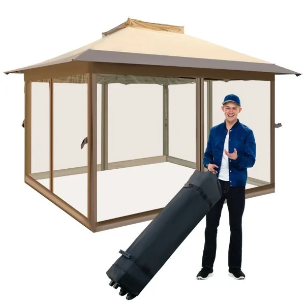 Tonnelle de Jardin Instantanée Double Toit 360X360CM Tente Réception avec Filet en Maille sur 4 Côtés Dessus Ventilé Sac de Transport Café
