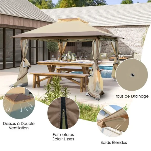Tonnelle de Jardin Instantanée Double Toit 360X360CM Tente Réception avec Filet en Maille sur 4 Côtés Dessus Ventilé Sac de Transport Café