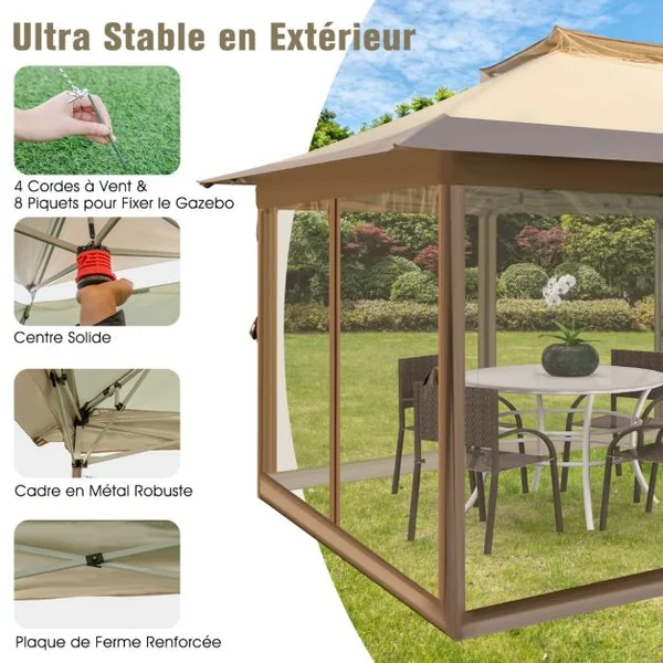 Tonnelle de Jardin Instantanée Double Toit 360X360CM Tente Réception avec Filet en Maille sur 4 Côtés Dessus Ventilé Sac de Transport Café