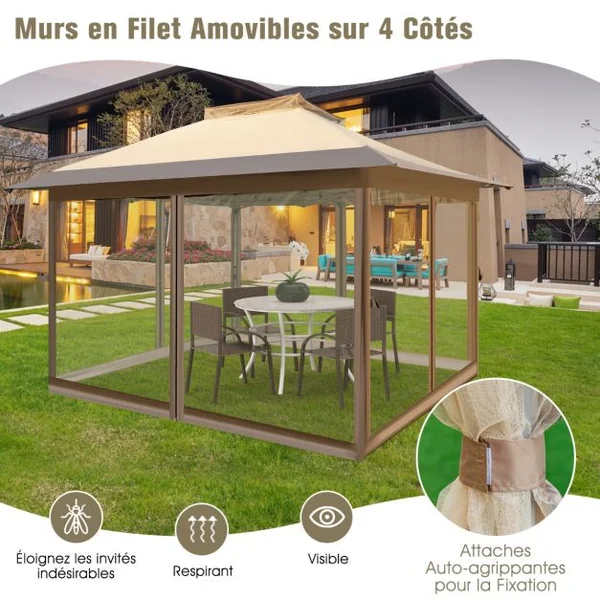 Tonnelle de Jardin Instantanée Double Toit 360X360CM Tente Réception avec Filet en Maille sur 4 Côtés Dessus Ventilé Sac de Transport Café