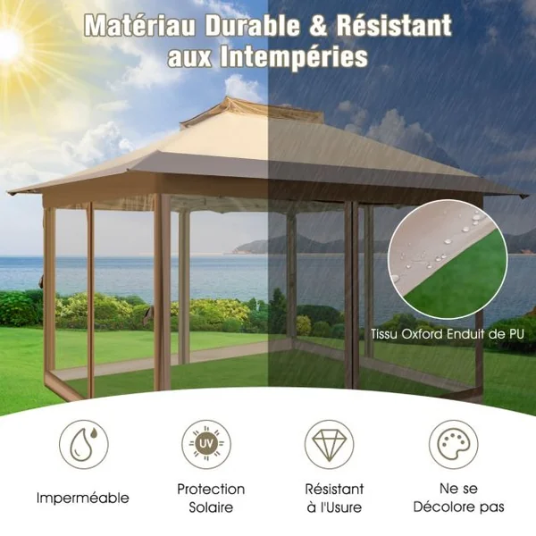 Tonnelle de Jardin Instantanée Double Toit 360X360CM Tente Réception avec Filet en Maille sur 4 Côtés Dessus Ventilé Sac de Transport Café