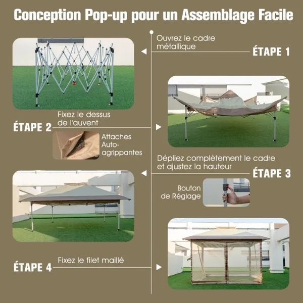 Tonnelle de Jardin Instantanée Double Toit 360X360CM Tente Réception avec Filet en Maille sur 4 Côtés Dessus Ventilé Sac de Transport Café