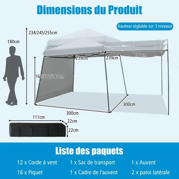 Tonnelle de Jardin Pliable Instantané 300 x 300 cm avec Parois Latérale Amovibles Sac à Roulettes Hauteur Réglable