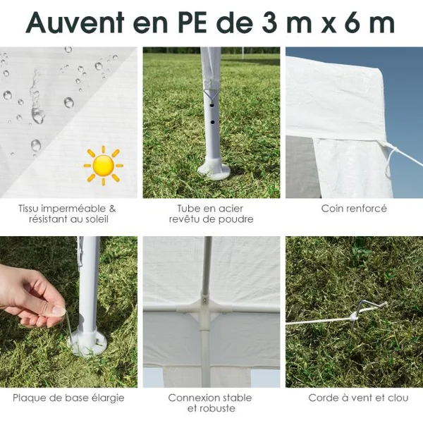 Tonnelle de Jardin Pliant 3 m x 6 m Tente de Réception Dessus Imperméable Recouverte de Tissu PE pour Fêtes Commercial
