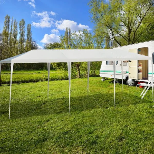 Tonnelle de Jardin Pliant 3 x 9 m Tente de Réception Imperméable Tube Métal 8 Cordes à Vent et 16 Piquets pour Fêtes Mariage Blanc