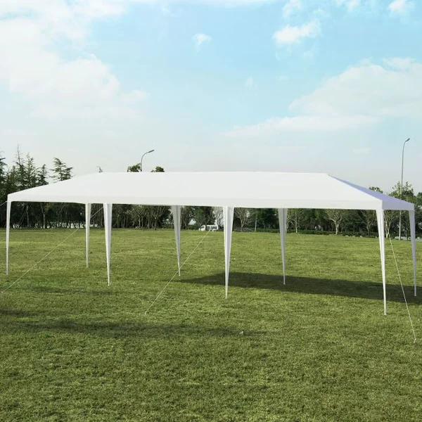 Tonnelle de Jardin Pliant 3 x 9 m Tente de Réception Imperméable Tube Métal 8 Cordes à Vent et 16 Piquets pour Fêtes Mariage Blanc