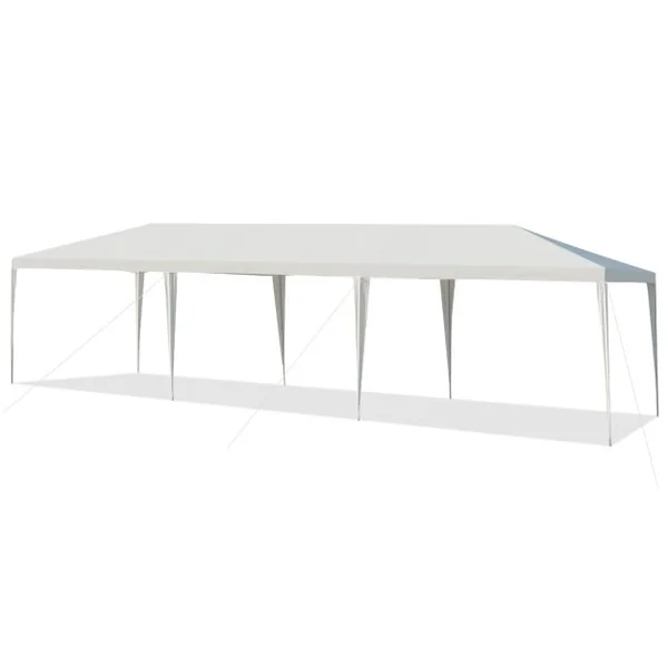 Tonnelle de Jardin Pliant 3 x 9 m Tente de Réception Imperméable Tube Métal 8 Cordes à Vent et 16 Piquets pour Fêtes Mariage Blanc