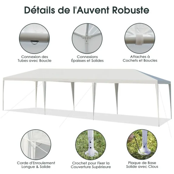 Tonnelle de Jardin Pliant 3 x 9 m Tente de Réception Imperméable Tube Métal 8 Cordes à Vent et 16 Piquets pour Fêtes Mariage Blanc