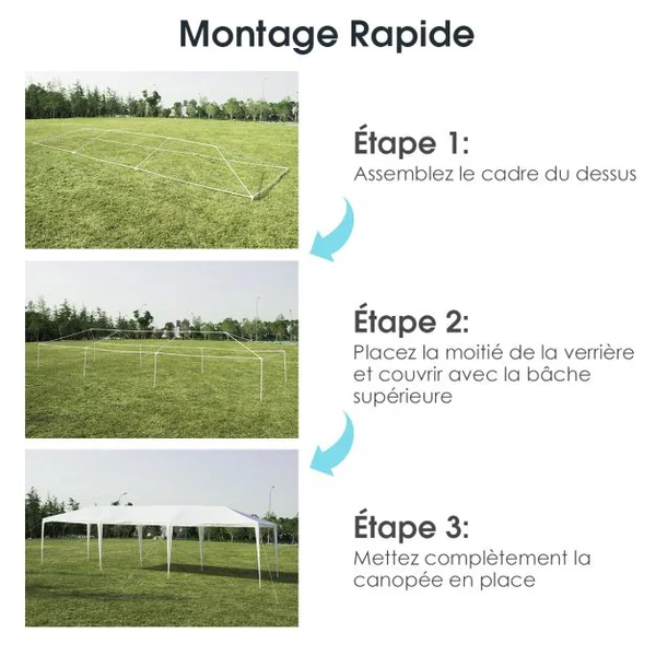 Tonnelle de Jardin Pliant 3 x 9 m Tente de Réception Imperméable Tube Métal 8 Cordes à Vent et 16 Piquets pour Fêtes Mariage Blanc