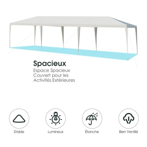 Tonnelle de Jardin Pliant 3 x 9 m Tente de Réception Imperméable Tube Métal 8 Cordes à Vent et 16 Piquets pour Fêtes Mariage Blanc