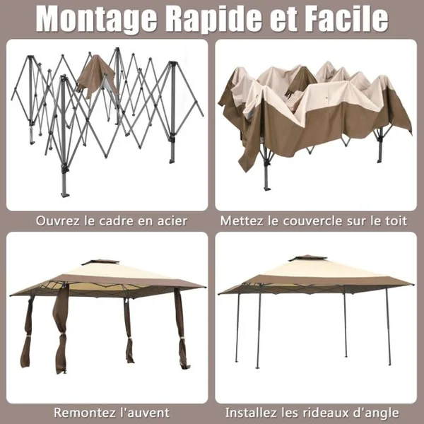 Tonnelle de Jardin Pliante 395 cm x 395 cm Toit à 2 Niveaux Tente de Reception Imperméable Tissu Oxford à 3 Hauteurs Réglables 267-284CM Bleu/Café/Gris