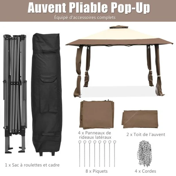 Tonnelle de Jardin Pliante 395 cm x 395 cm Toit à 2 Niveaux Tente de Reception Imperméable Tissu Oxford à 3 Hauteurs Réglables 267-284CM Bleu/Café/Gris