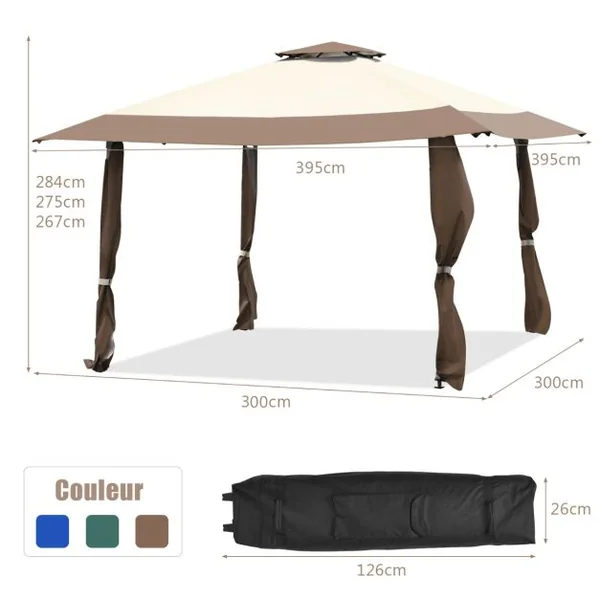 Tonnelle de Jardin Pliante 395 cm x 395 cm Toit à 2 Niveaux Tente de Reception Imperméable Tissu Oxford à 3 Hauteurs Réglables 267-284CM Bleu/Café/Gris