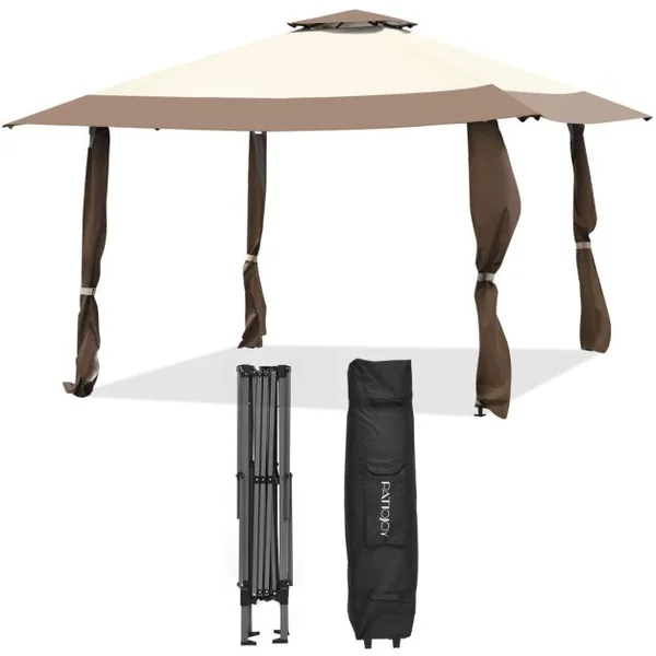 Tonnelle de Jardin Pliante 395 cm x 395 cm Toit à 2 Niveaux Tente de Reception Imperméable Tissu Oxford à 3 Hauteurs Réglables 267-284CM Bleu/Café/Gris