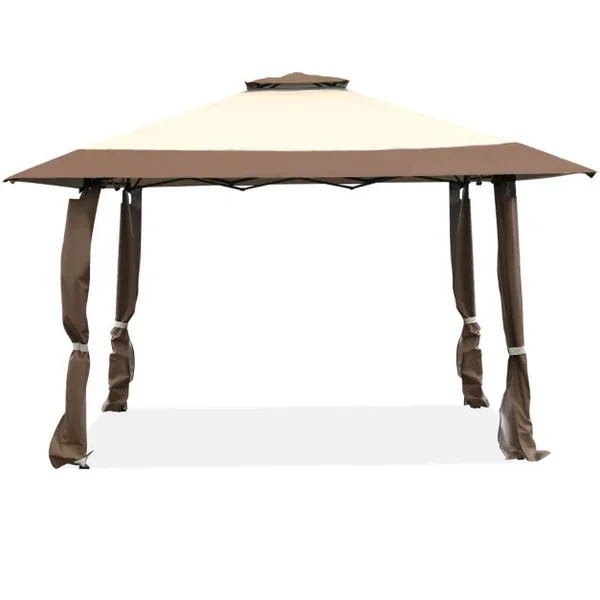 Tonnelle de Jardin Pliante 395 cm x 395 cm Toit à 2 Niveaux Tente de Reception Imperméable Tissu Oxford à 3 Hauteurs Réglables 267-284CM Bleu/Café/Gris