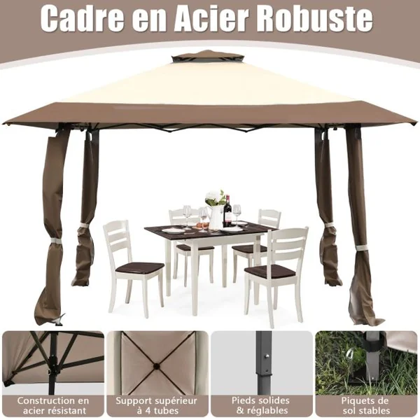 Tonnelle de Jardin Pliante 395 cm x 395 cm Toit à 2 Niveaux Tente de Reception Imperméable Tissu Oxford à 3 Hauteurs Réglables 267-284CM Bleu/Café/Gris