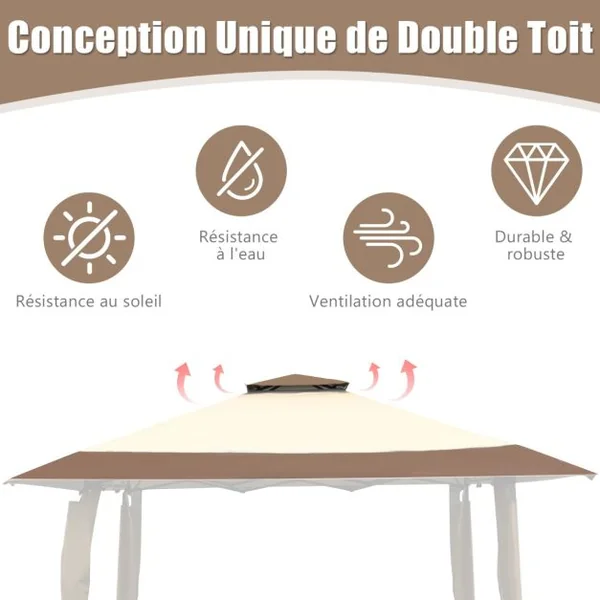Tonnelle de Jardin Pliante 395 cm x 395 cm Toit à 2 Niveaux Tente de Reception Imperméable Tissu Oxford à 3 Hauteurs Réglables 267-284CM Bleu/Café/Gris