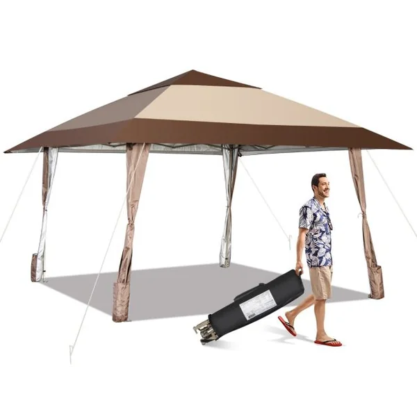 Tonnelle de Jardin Pliante 3M x 3M avec Supports en Fer et Roues Tente de Reception Imperméable UPF 50+ à Hauteur 265-285CM