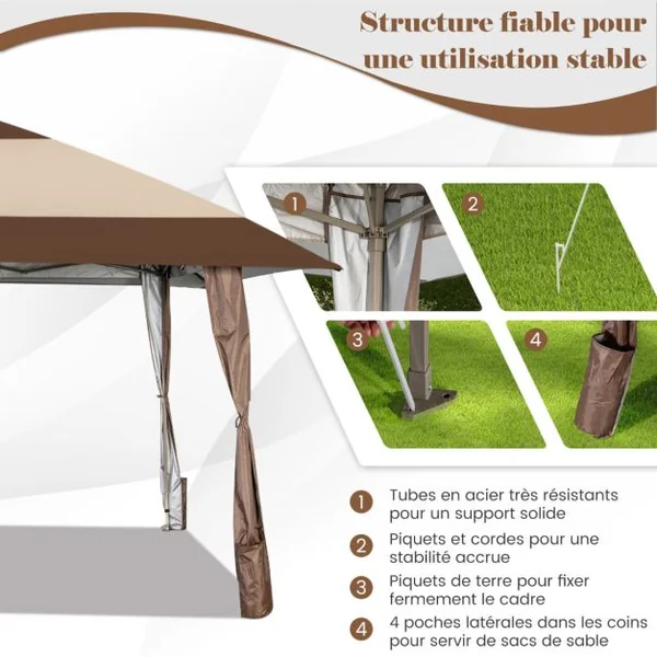 Tonnelle de Jardin Pliante 3M x 3M avec Supports en Fer et Roues Tente de Reception Imperméable UPF 50+ à Hauteur 265-285CM