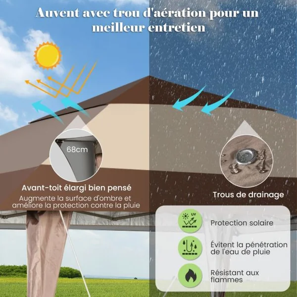 Tonnelle de Jardin Pliante 3M x 3M avec Supports en Fer et Roues Tente de Reception Imperméable UPF 50+ à Hauteur 265-285CM