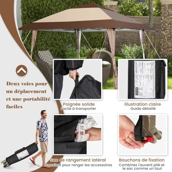 Tonnelle de Jardin Pliante 3M x 3M avec Supports en Fer et Roues Tente de Reception Imperméable UPF 50+ à Hauteur 265-285CM