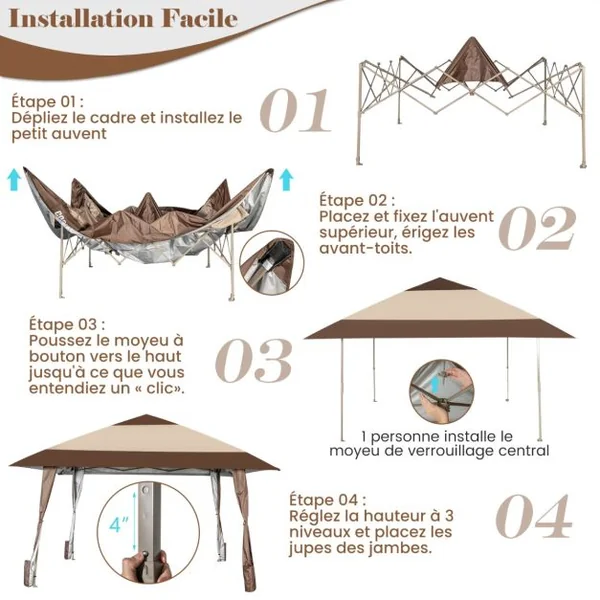 Tonnelle de Jardin Pliante 3M x 3M avec Supports en Fer et Roues Tente de Reception Imperméable UPF 50+ à Hauteur 265-285CM
