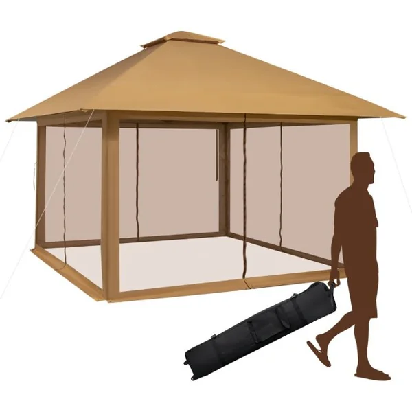 Tonnelle de Jardin Pliante 4 x 4M Pop-up avec Parois Latérales en Maille à Fermeture Éclair Tente Réception Double Toit Hauteur Réglable Brun