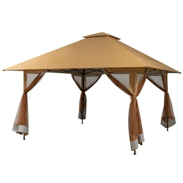 Tonnelle de Jardin Pliante 4 x 4M Pop-up avec Parois Latérales en Maille à Fermeture Éclair Tente Réception Double Toit Hauteur Réglable Brun