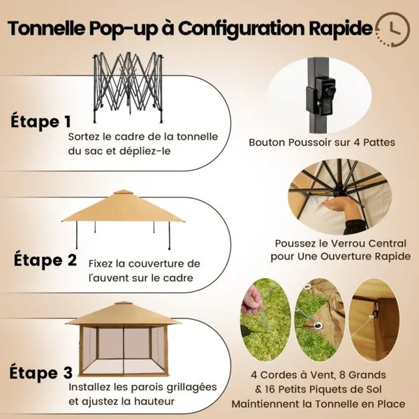 Tonnelle de Jardin Pliante 4 x 4M Pop-up avec Parois Latérales en Maille à Fermeture Éclair Tente Réception Double Toit Hauteur Réglable Brun