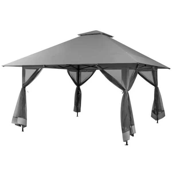Tonnelle de Jardin Pliante 4 x 4M Pop-up avec Parois Latérales en Maille à Fermeture Éclair Tente Réception Double Toit Hauteur Réglable Gris