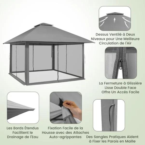 Tonnelle de Jardin Pliante 4 x 4M Pop-up avec Parois Latérales en Maille à Fermeture Éclair Tente Réception Double Toit Hauteur Réglable Gris