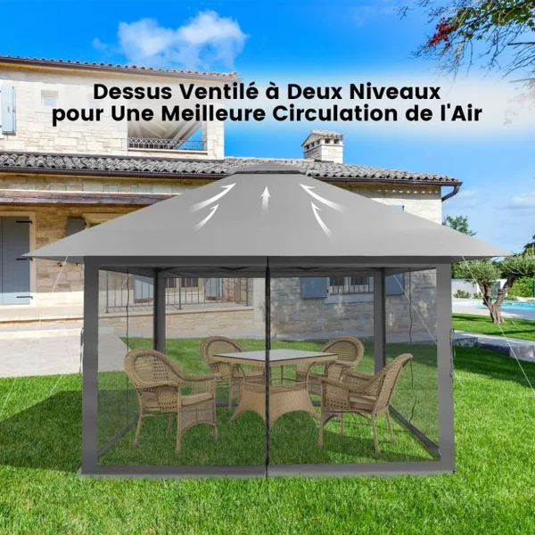 Tonnelle de Jardin Pliante 4 x 4M Pop-up avec Parois Latérales en Maille à Fermeture Éclair Tente Réception Double Toit Hauteur Réglable Gris