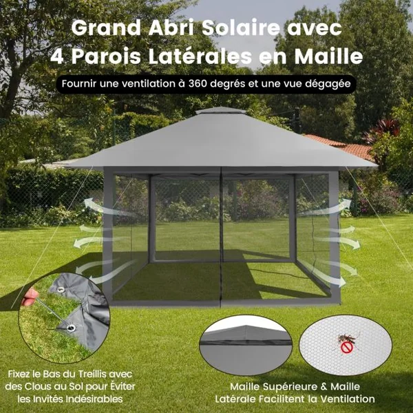 Tonnelle de Jardin Pliante 4 x 4M Pop-up avec Parois Latérales en Maille à Fermeture Éclair Tente Réception Double Toit Hauteur Réglable Gris